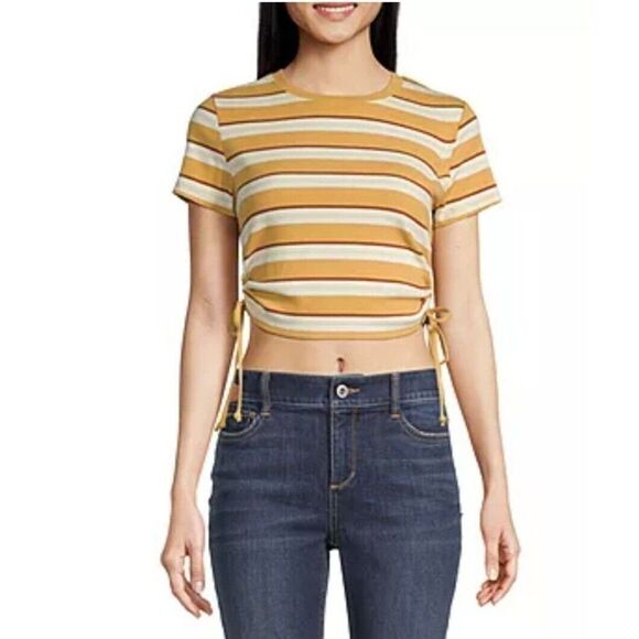 Arizona Crop Top Stripe Round Neck T-Shirt - Gold Multi Stripe - Juniors XL - Picture 1 of 7